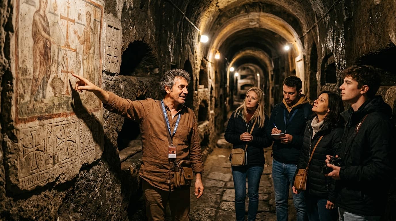 Vaulted tufa-stone gallery of the San Gennaro Catacombs
