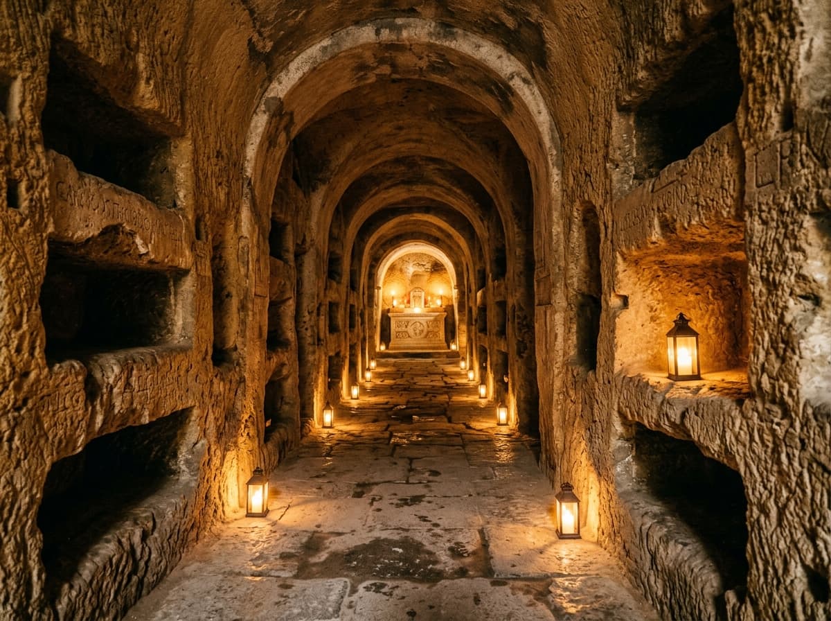 Atmospheric candlelit corridor in San Gennaro Catacombs in Naples