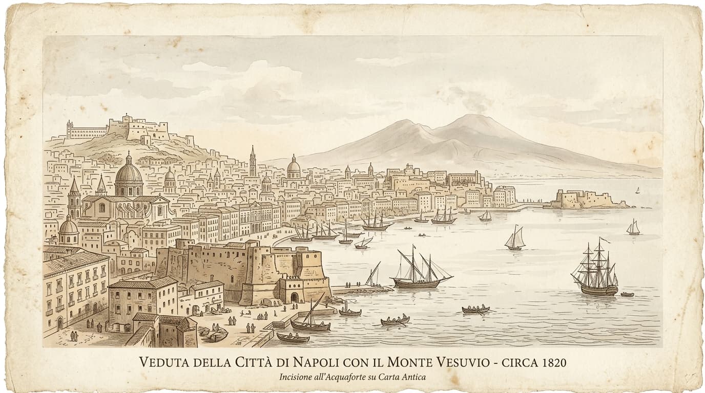 Historic Naples and Mount Vesuvius vintage sketch