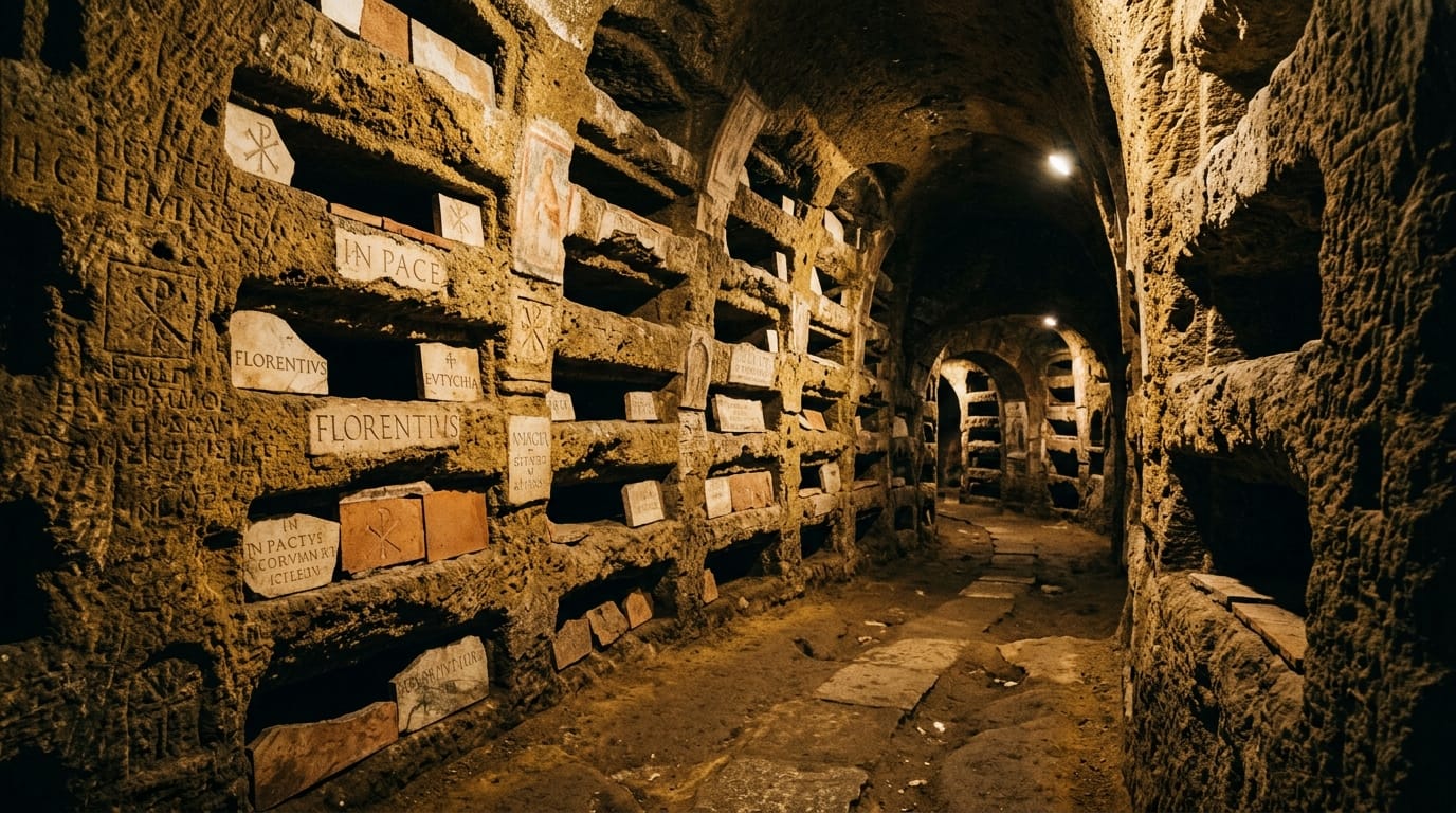 Ancient loculi burial niches carved into tufa rock walls