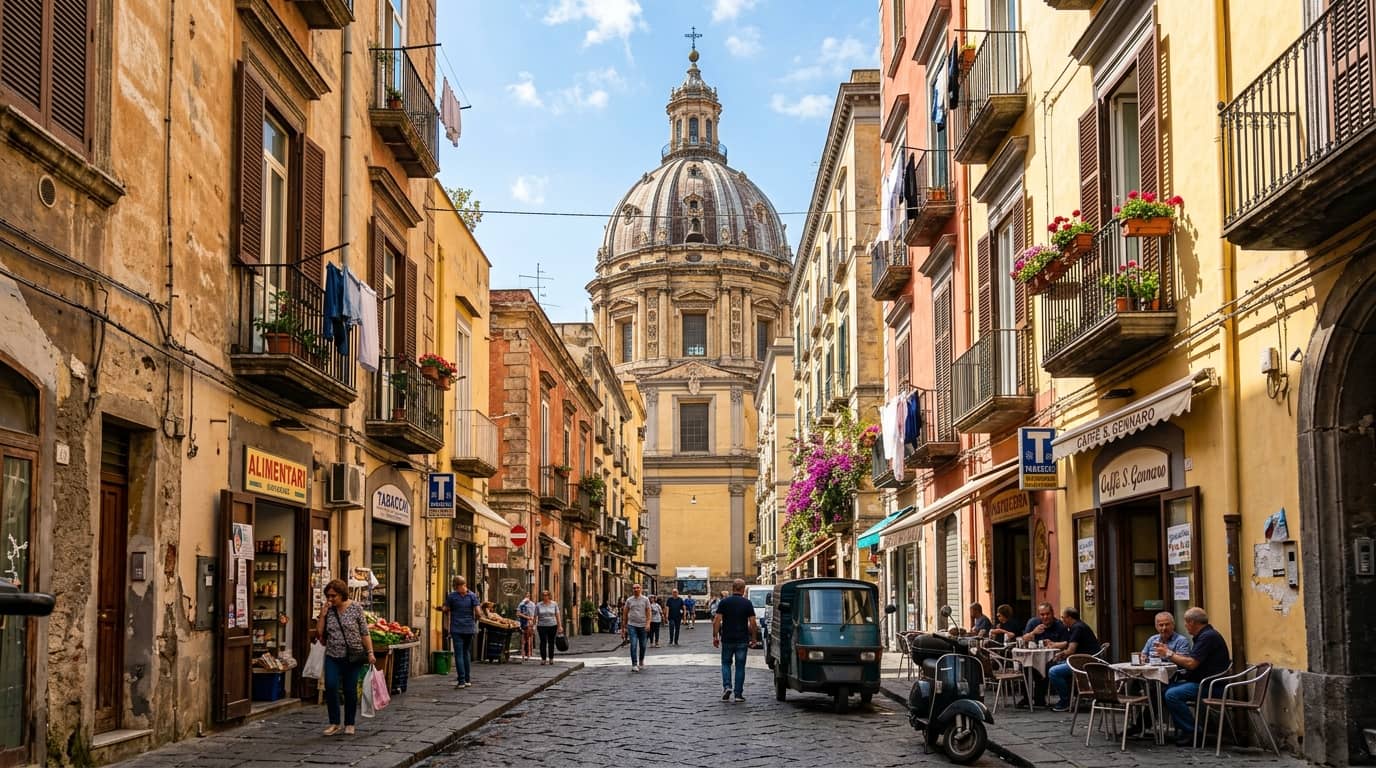 Sunny street in Rione Sanità near the San Gennaro Catacombs in Naples